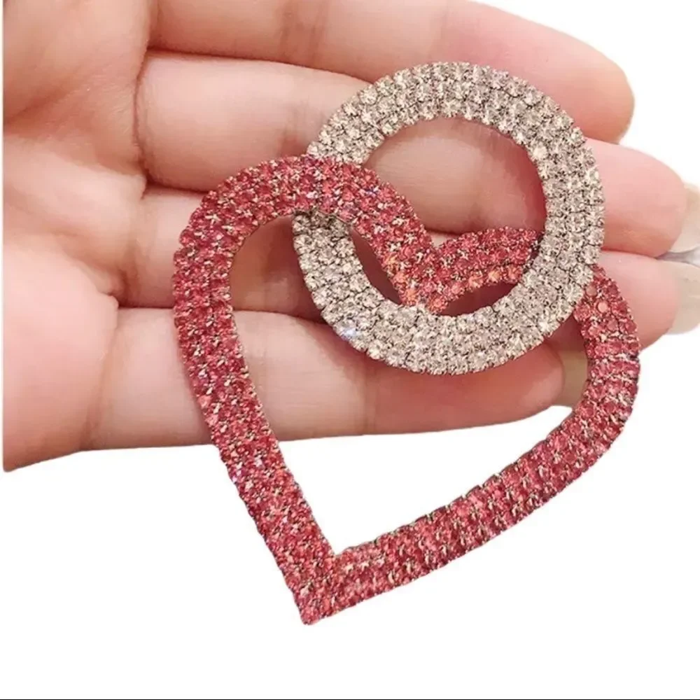 Big Pink Crystal Hearts White Circular Dangle Statement Earrings NEW